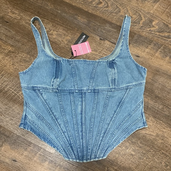 PLT PLUS VINTAGE LIGHT WASH SEAM DETAIL DENIM CORSET SEXY BUSTIER STYLE JEAN TOP - Picture 9 of 13